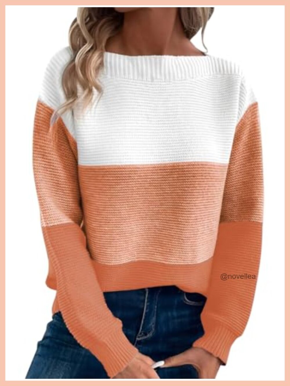 Womens Long Sleeve Crewneck Color Block Knitted Pullover Sweater